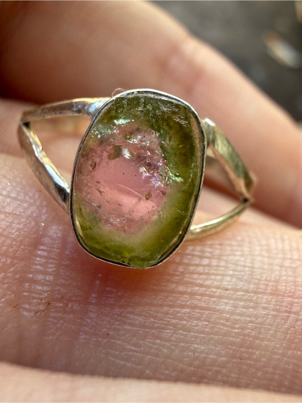 Rare solid sterling genuine watermelon tourmaline slice ring